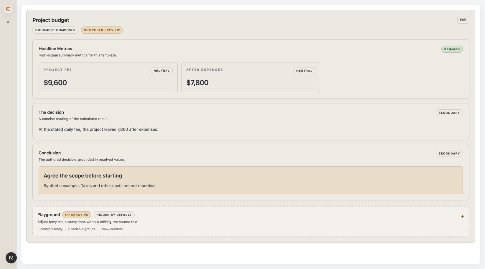 Captured composed project-budget preview showing a $9,600 fee and $7,800 after expenses.